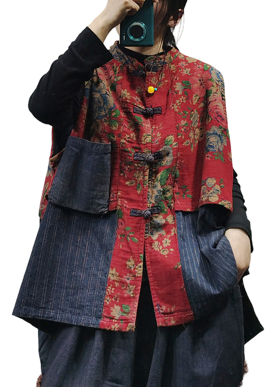 Naisten Vintage Punainen Kiinalainen Napitus Printti Liivi 0