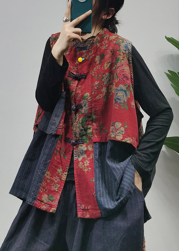 Naisten Vintage Punainen Kiinalainen Napitus Printti Liivi 1