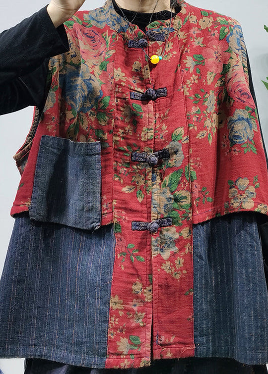 Naisten Vintage Punainen Kiinalainen Napitus Printti Liivi 2