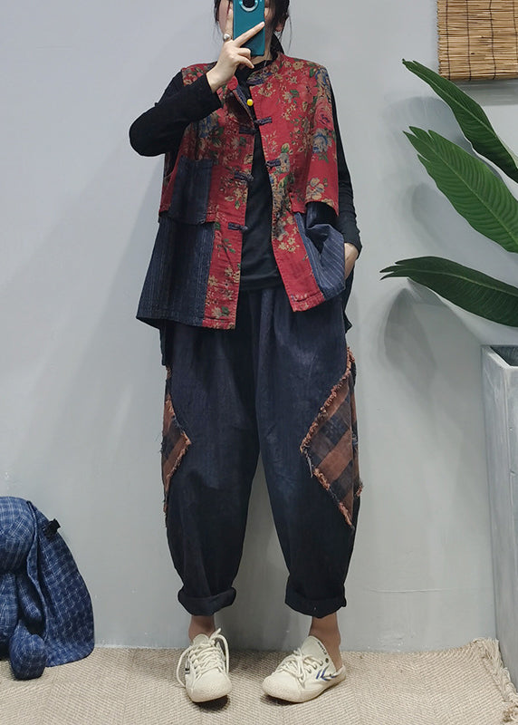 Naisten Vintage Punainen Kiinalainen Napitus Printti Liivi 4