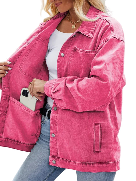 Naisten Ylisuuri Farkkutakki Rento Tyyli Rintataskuilla 0