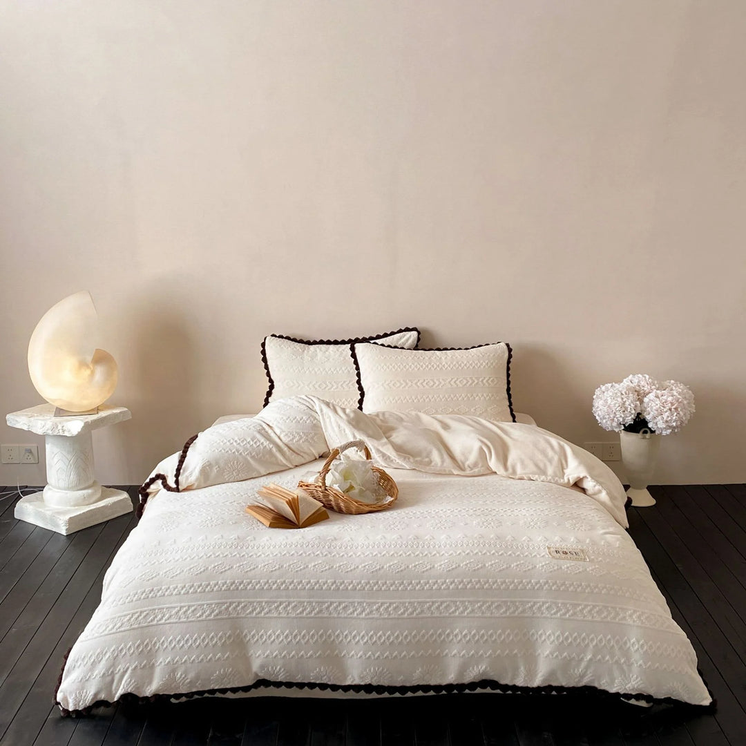 Naisten pussilakanasetti teksturoitu jacquard-tyyli pom-pom-reunuksella 0