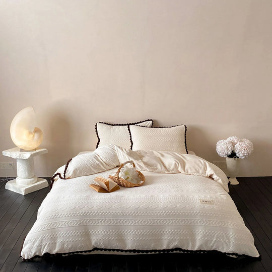 Naisten pussilakanasetti teksturoitu jacquard-tyyli pom-pom-reunuksella 0