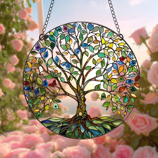 Ikkunakoriste Elämänpuu Käsintehty Lasimaalauksella