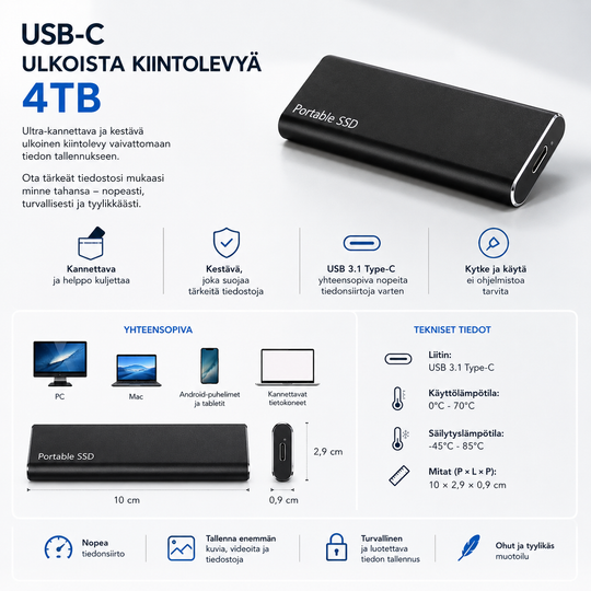 Ulkoinen Kiintolevy 4TB USB C Kannettava Muotoilu