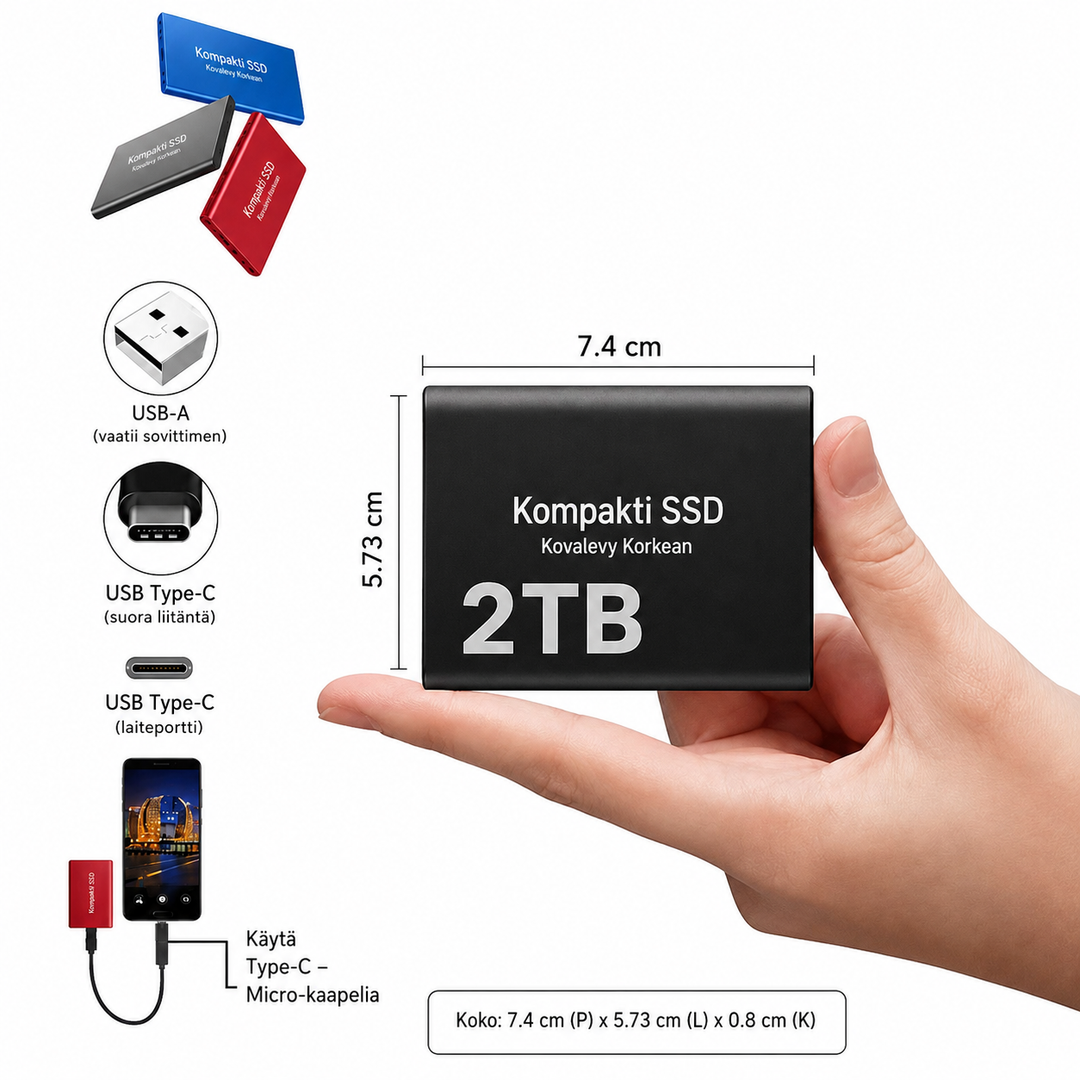 Kompakti SSD Kovalevy Korkean Nopeuden Tallennus USB-C 1050MB/s