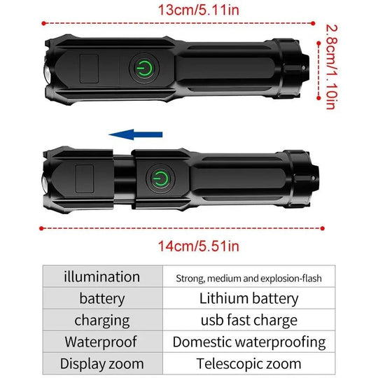 Tehokas LED-taskulamppu USB-latauksella ja zoom-toiminnolla 5