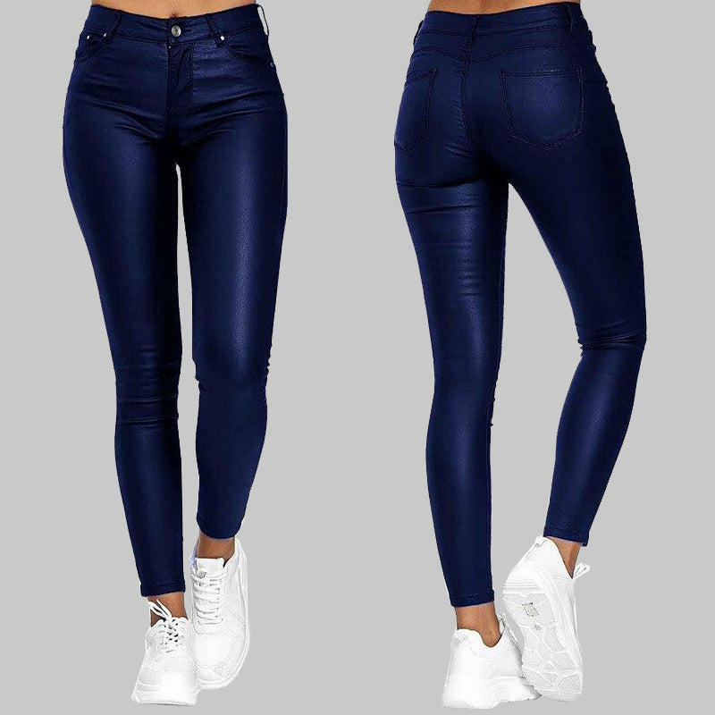 Naisten Keinotekoiset Nahkahousut Korkea Vyötärö Slim Fit PU-Nahka 3