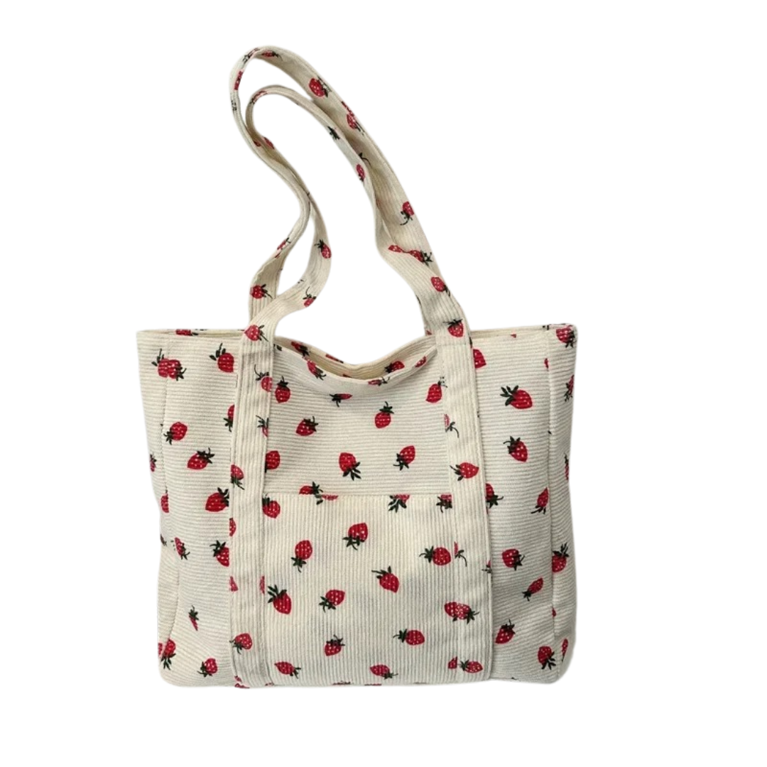 Naisten Corduroy Strawberry Print olkalaukku