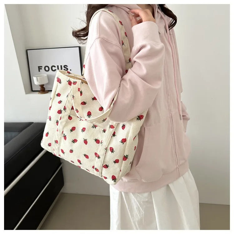 Naisten Corduroy Strawberry Print olkalaukku