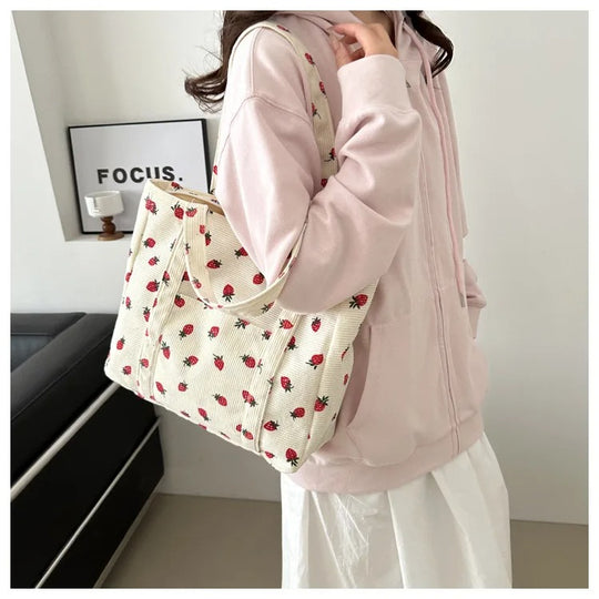 Naisten Corduroy Strawberry Print olkalaukku