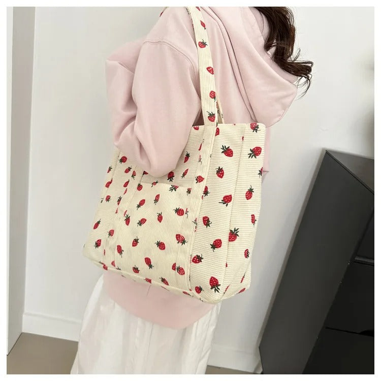 Naisten Corduroy Strawberry Print olkalaukku