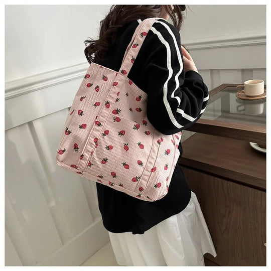 Naisten Corduroy Strawberry Print olkalaukku