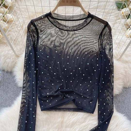Naisten Rhinestone Mesh pitkähihainen crop-toppi