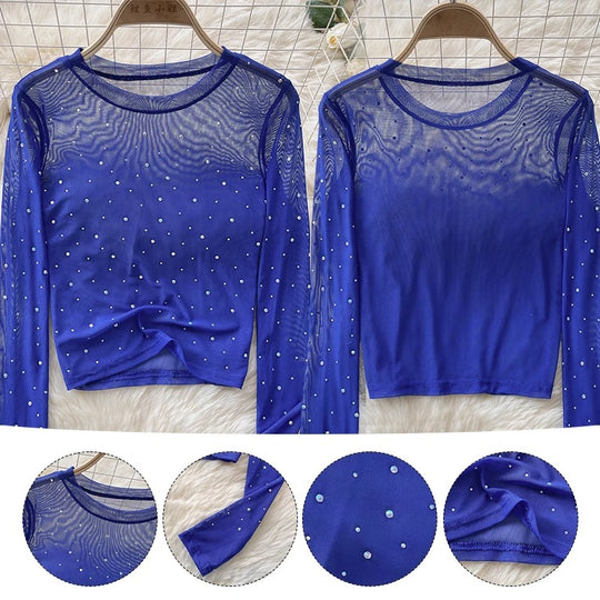 Naisten Rhinestone Mesh pitkähihainen crop-toppi