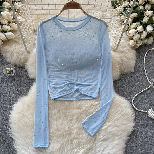 Naisten Rhinestone Mesh pitkähihainen crop-toppi