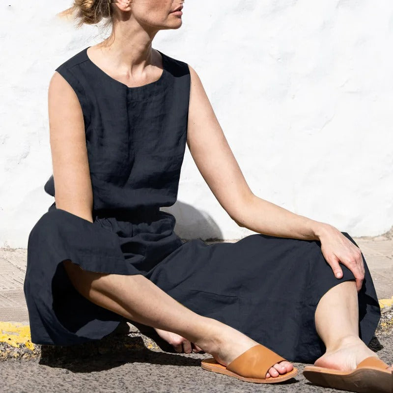 Naisten puuvilla pellava korkea vyötärö Jumpsuit