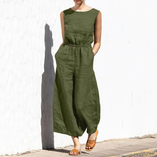 Naisten puuvilla pellava korkea vyötärö Jumpsuit