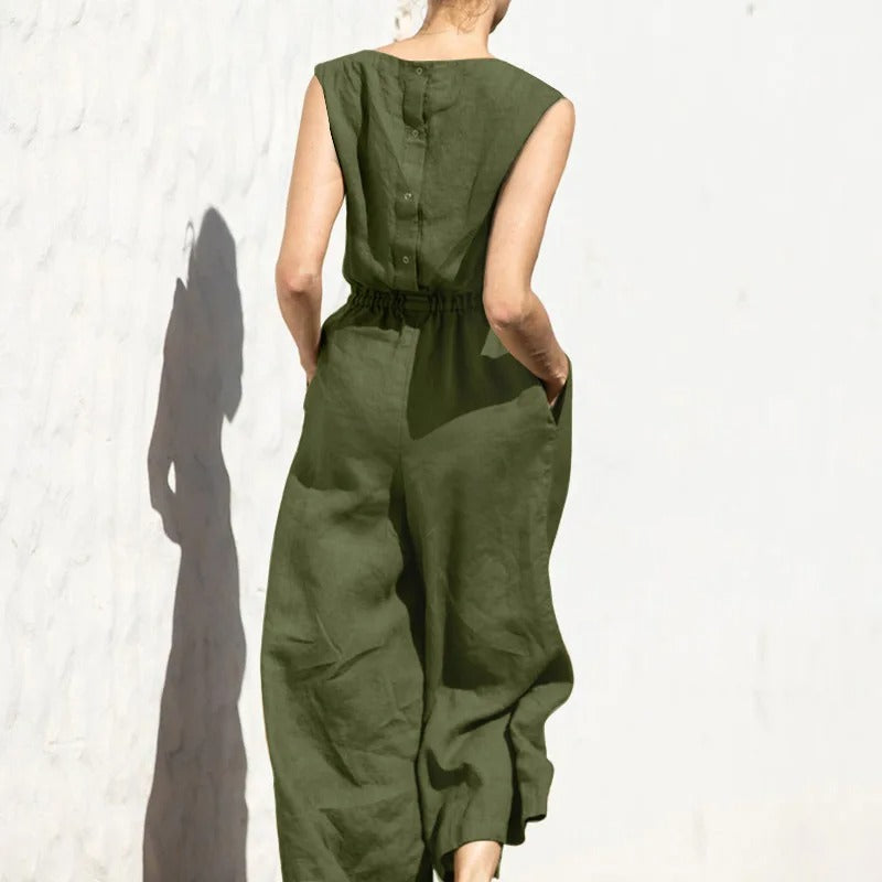 Naisten puuvilla pellava korkea vyötärö Jumpsuit