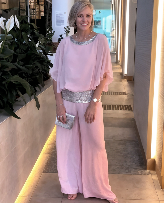 Naisten Iltapuku | Glitter Yläosa | Palazzo-Tyyli | Kaksiosainen Juhla-asu | Elegantti ja Kevyt