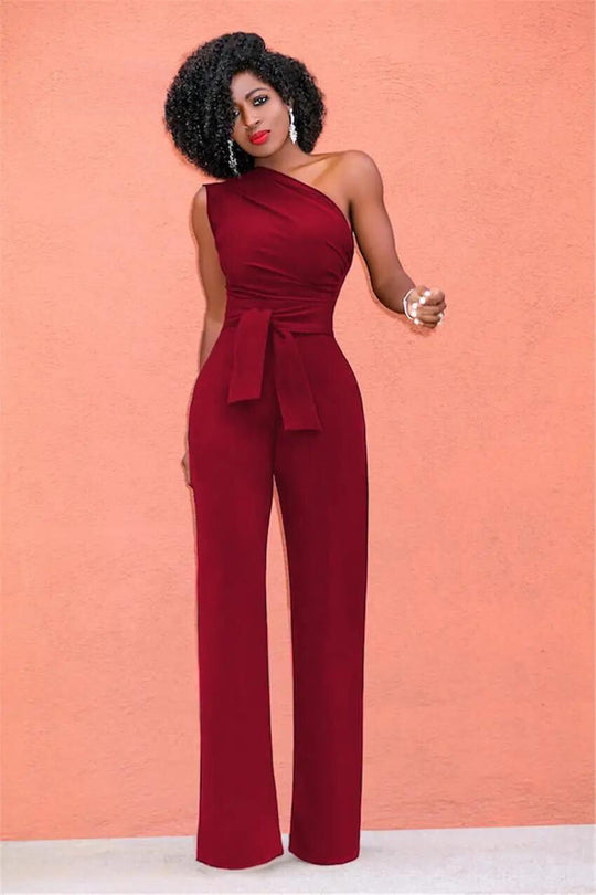 Naisten Jumpsuit Yhden Olkapään Muotoilu Polyesteri-Puuvilla Seos Laajapohjaiset Lahkeet-2