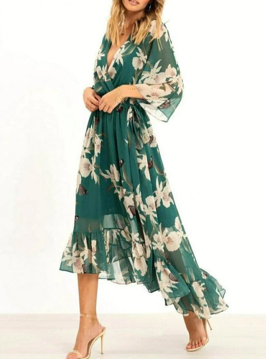 Naisten Maxi-mekko 3/4 Hihoilla V-kaula-aukolla Polyesteri-3