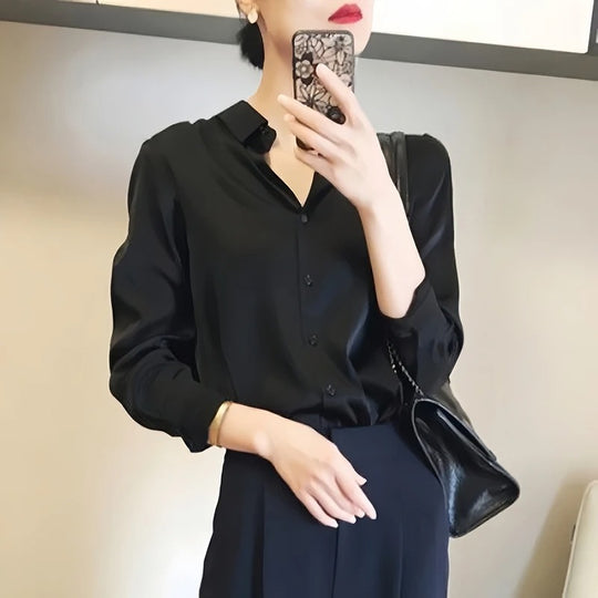 Naisten Lapel Button Silkki Pusero