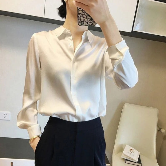 Naisten Lapel Button Silkki Pusero
