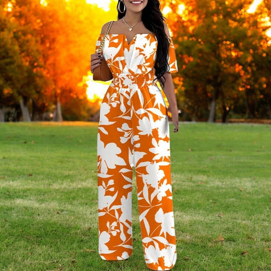 Muoti Tulosta Off-olkapää Smocked Vyötärö Jumpsuit