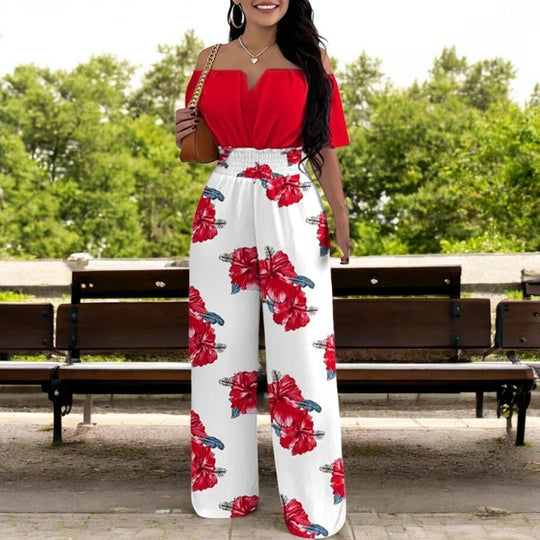 Muoti Tulosta Off-olkapää Smocked Vyötärö Jumpsuit