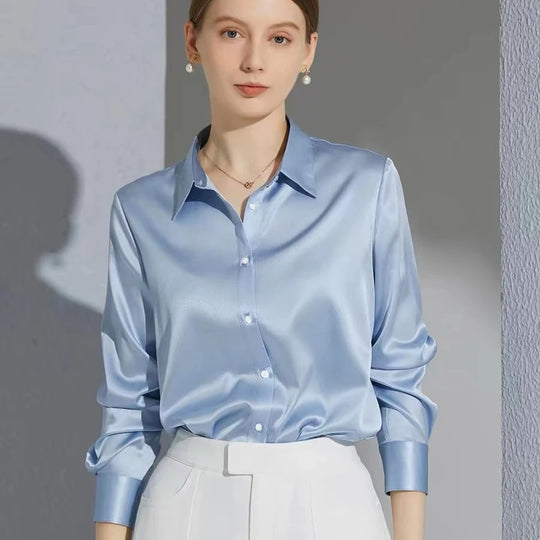 Naisten Lapel Button Silkki Pusero