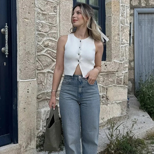 Naisten neulottu Button-Up Crop Tank Topi