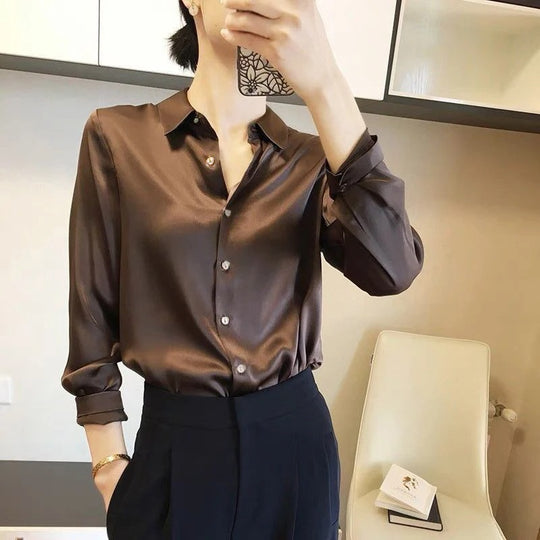 Naisten Lapel Button Silkki Pusero
