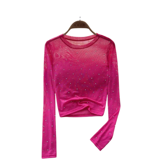 Naisten Rhinestone Mesh pitkähihainen crop-toppi