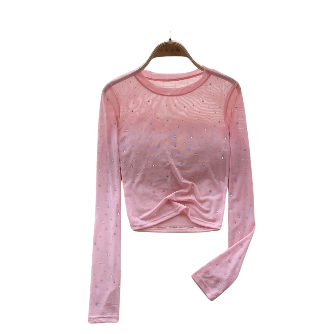 Naisten Rhinestone Mesh pitkähihainen crop-toppi