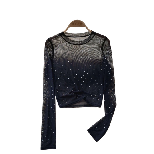 Naisten Rhinestone Mesh pitkähihainen crop-toppi