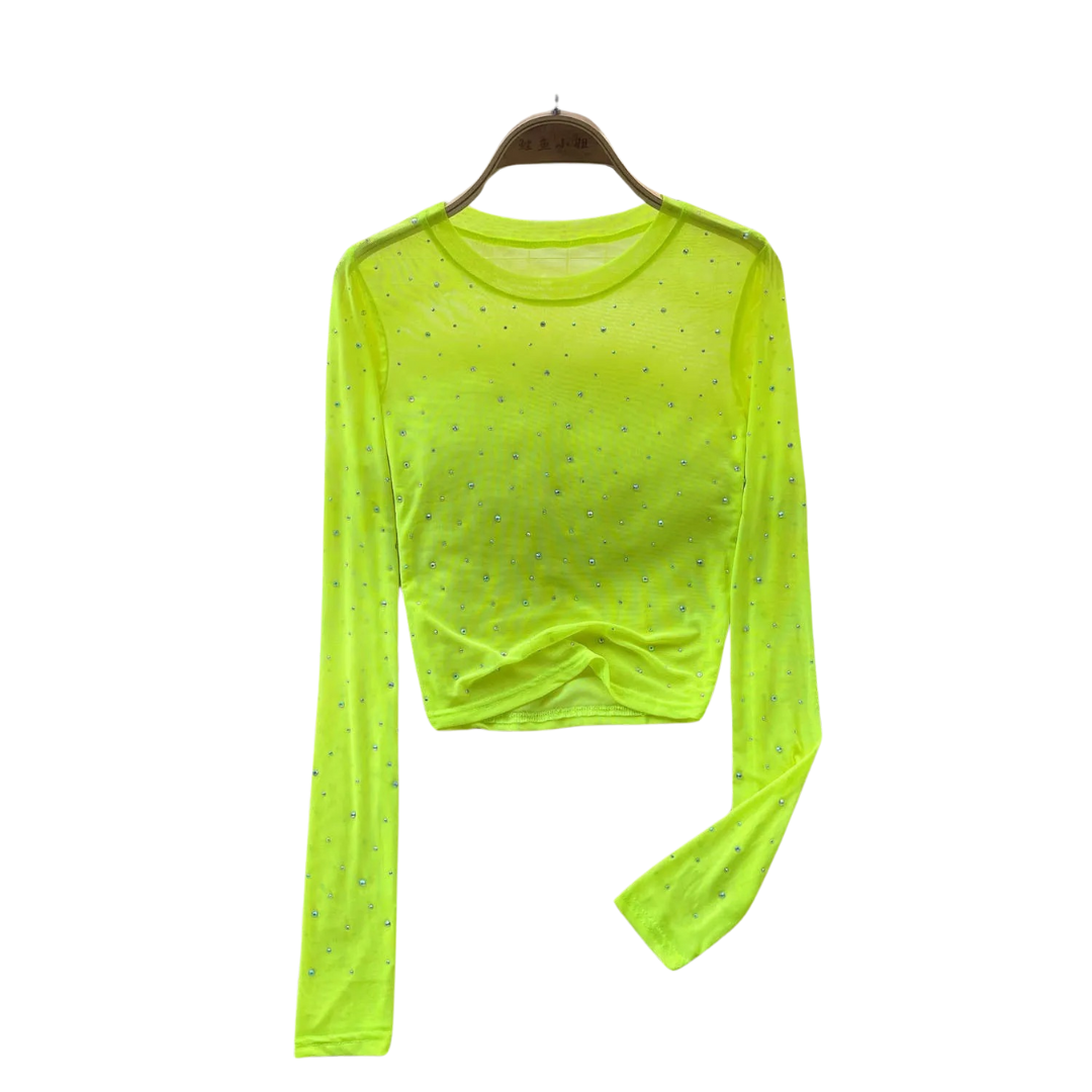 Naisten Rhinestone Mesh pitkähihainen crop-toppi