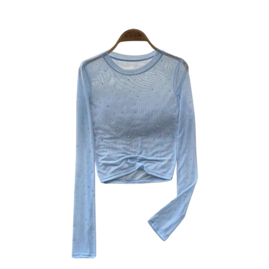 Naisten Rhinestone Mesh pitkähihainen crop-toppi
