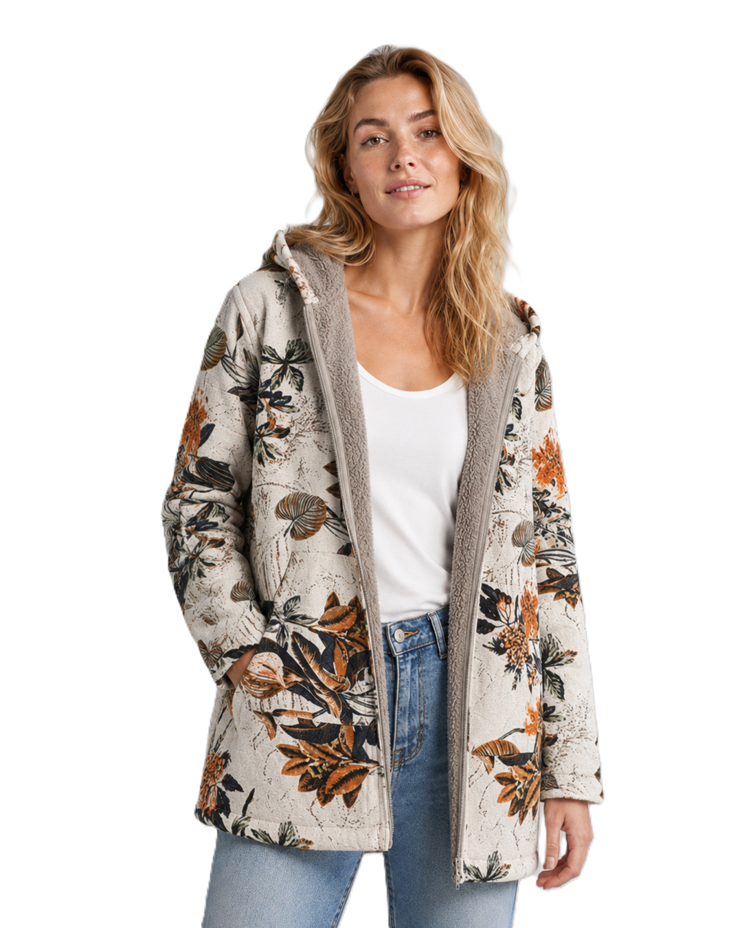 Naisten Fleece Tyyli takki Hupulla Kukka-Designilla