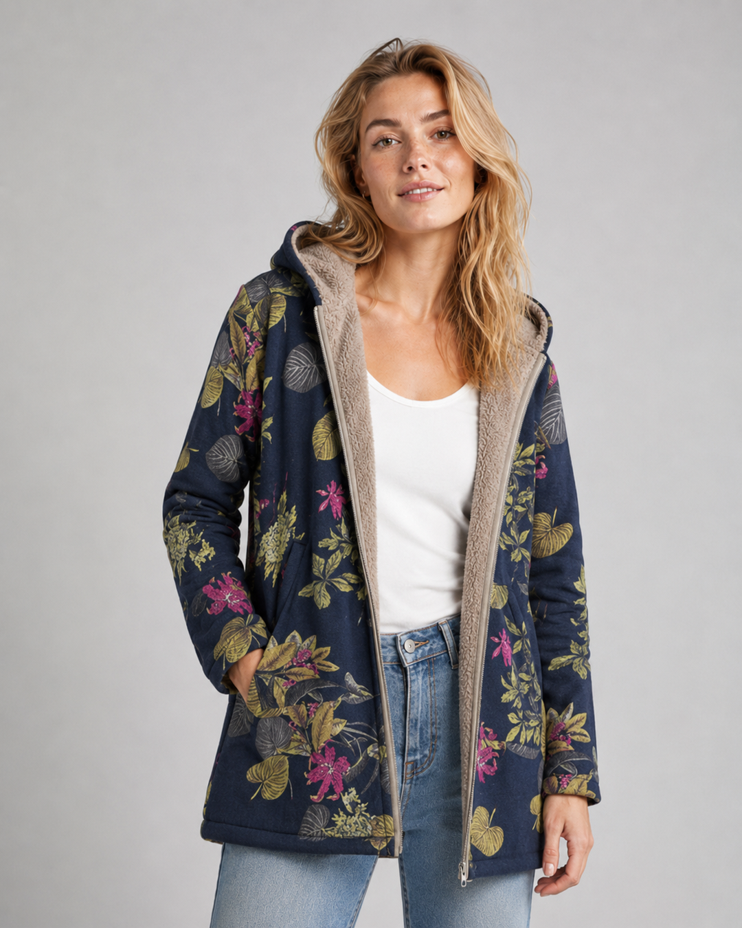 Naisten Fleece Tyyli takki Hupulla Kukka-Designilla