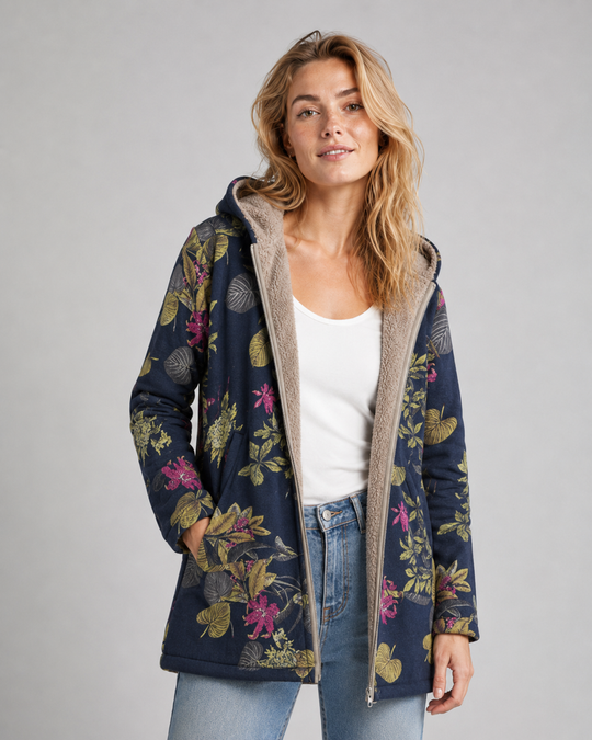 Naisten Fleece Tyyli takki Hupulla Kukka-Designilla