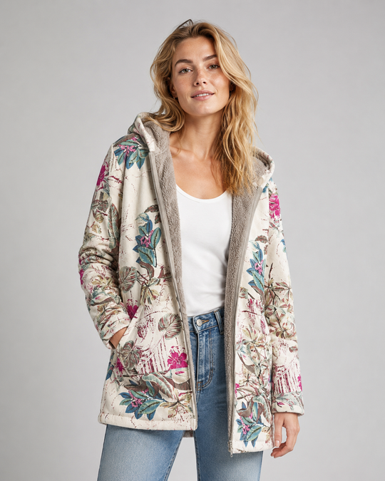 Naisten Fleece Tyyli takki Hupulla Kukka-Designilla