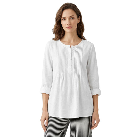 Naisten Puuvilla Pellava Pleatattu Pyöreäkauluksinen Pitkähiha Shirt