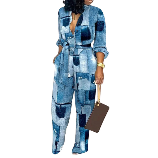 Muoti Tulostaa V-kaula Korkea Vyötärö Jumpsuit