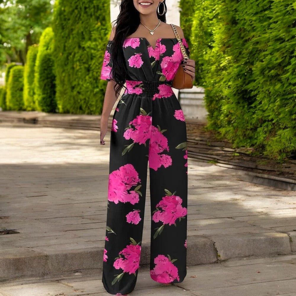Muoti Tulosta Off-olkapää Smocked Vyötärö Jumpsuit