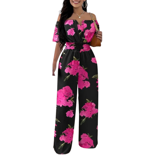 Muoti Tulosta Off-olkapää Smocked Vyötärö Jumpsuit