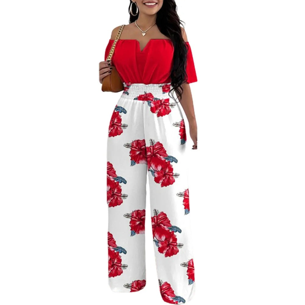 Muoti Tulosta Off-olkapää Smocked Vyötärö Jumpsuit