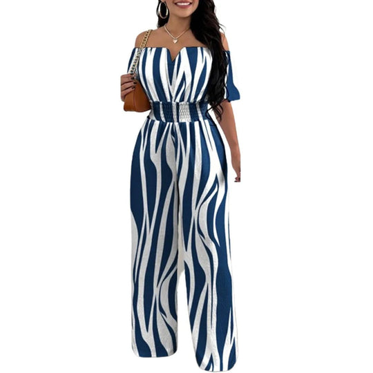 Muoti Tulosta Off-olkapää Smocked Vyötärö Jumpsuit