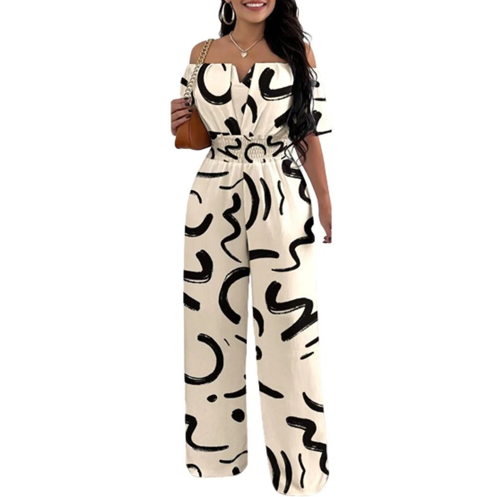 Muoti Tulosta Off-olkapää Smocked Vyötärö Jumpsuit