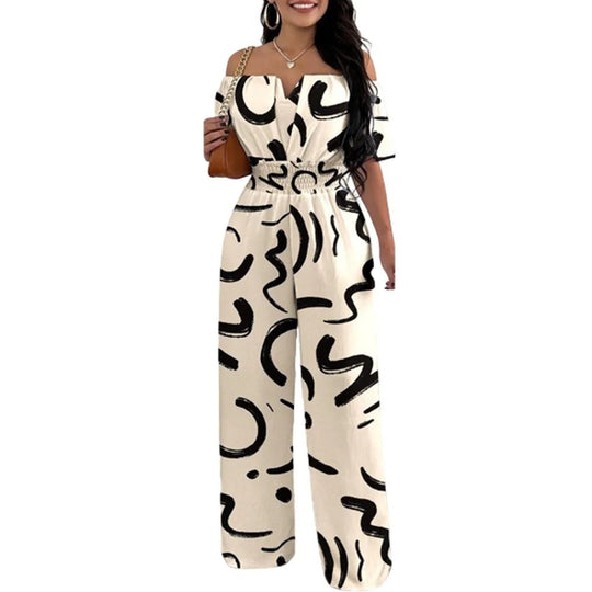 Muoti Tulosta Off-olkapää Smocked Vyötärö Jumpsuit
